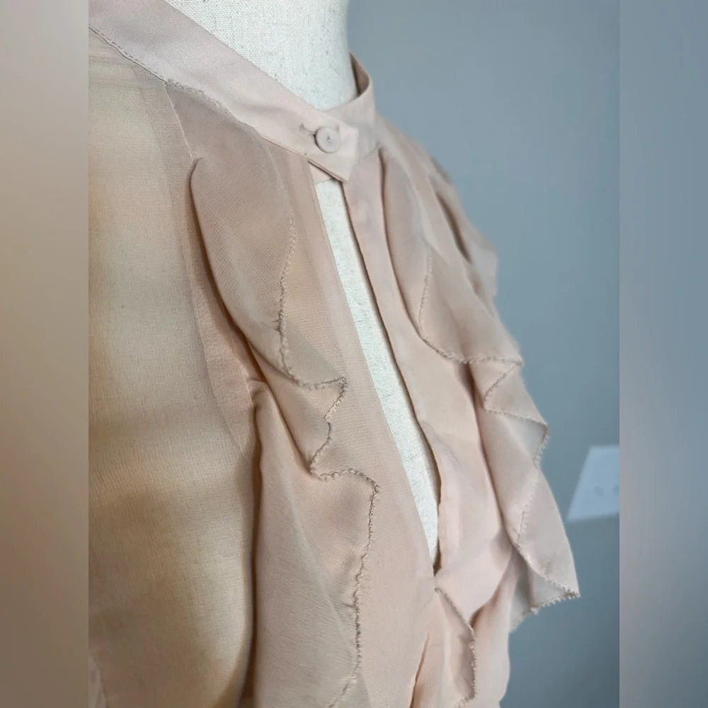 Sz M BCBG Maxazria blush pink ruffled long sleeve key hole sheer blouse